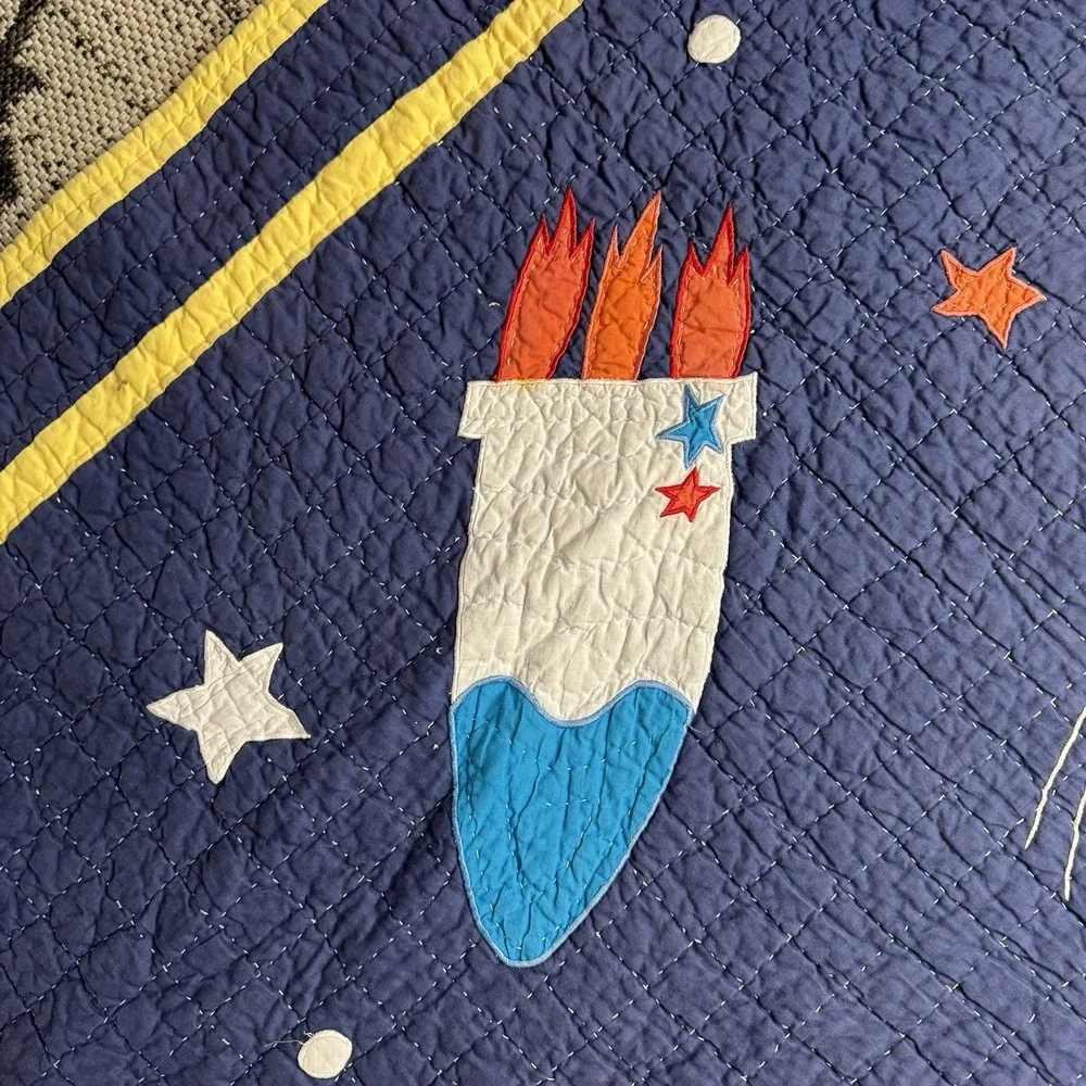 Vintage Space Quilt Twin Size 82x61.5 Rocket‎ Planet Solar System Kids Blanket